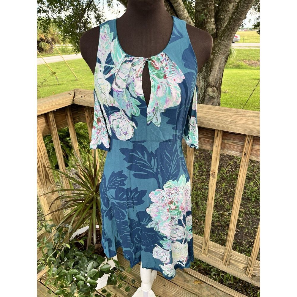 Anthropologie Maeve Floral Fit N Flare Cold‎ Shoulder Turquoise Dress Sz 6 $138 - Picture 7 of 15